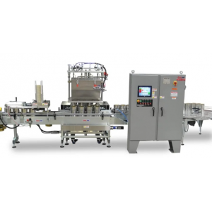 4-Head Automatic Net Weight Filling & Closing Machine with Lateral Container Transfer for faster cycle times – 1/2 Pint to Gallon Containers.